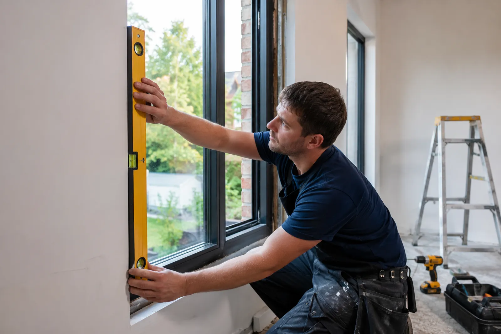 Professionnel posant une nouvelle fenêtre dans le cadre d'une rénovation énergétique