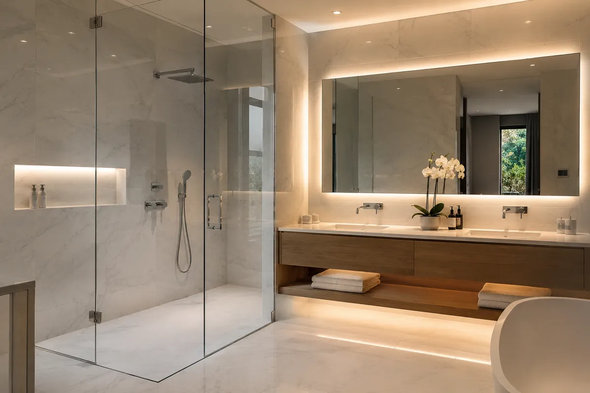 Miroiterie sur mesure à Gland – paroi de douche en verre trempé et miroir décoratif