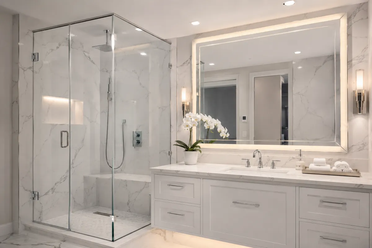 Miroiterie sur mesure à Morges – paroi de douche en verre trempé et miroir décoratif